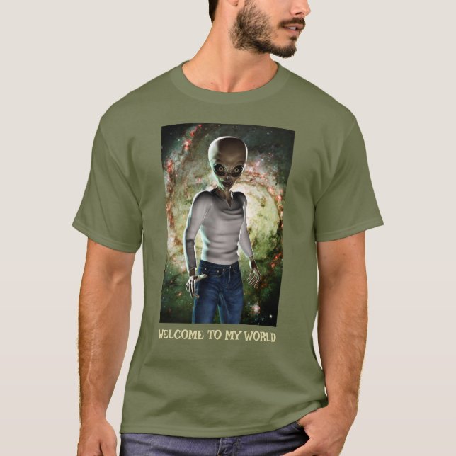 Camiseta Welcome to my World. Alien in galaxy (Anverso)