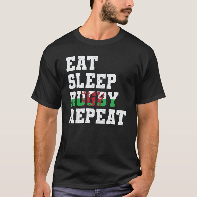 Camiseta Welsh Wales Eat Sleep Rugby Repeat (Anverso)