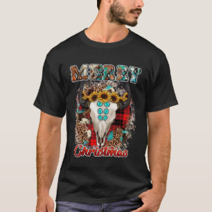 Camiseta Western Boho Plaid Leopard Cow Bull Skull Merry Ch