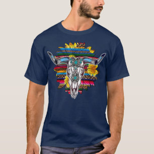 Camiseta Western Boho Sunflowers Turquoise Cow Bull Skull
