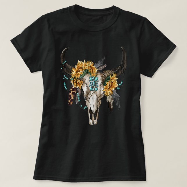 Camiseta Western Boho Sunflowers Turquoise Cow Bull Skull  (Diseño del anverso)