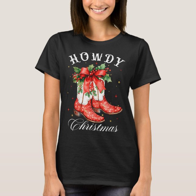 Camiseta Western Howdy Christmas Cowgirl Boot Coquette Bow  (Anverso)