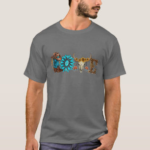 Camiseta Western Love Cowgirl Boot Turquoise Bull Skull Rod