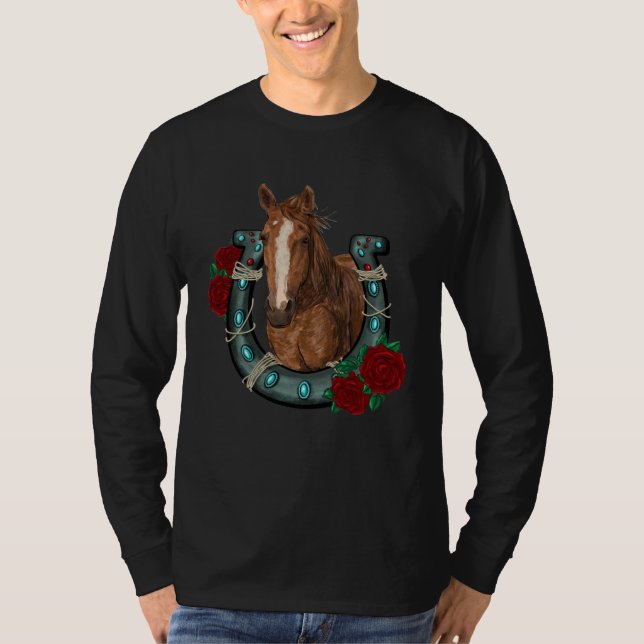 Camiseta Western Texas Cowgirl Flowers Horseshoe Horseback  (Anverso)