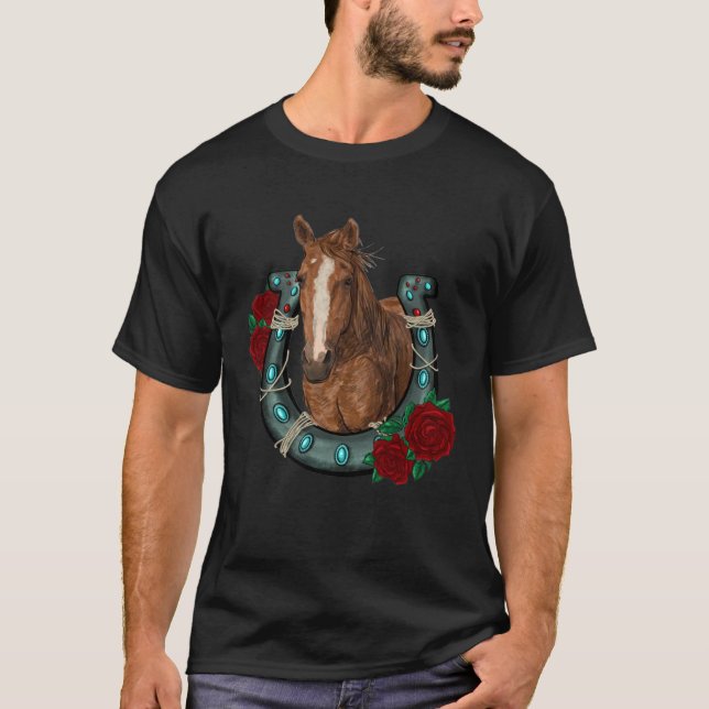 Camiseta Western Texas Cowgirl Flowers Horseshoe Horseback  (Anverso)