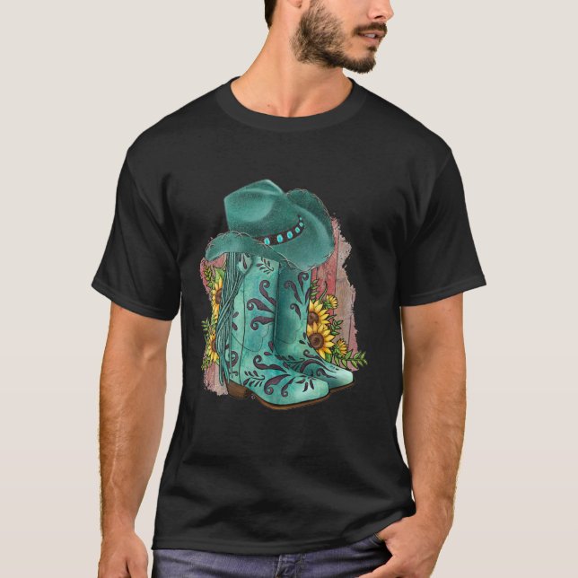 Camiseta Western Turquoise Cowboy Boots Hat And Sunflowers  (Anverso)