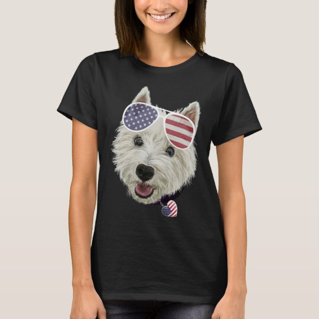 Camiseta Westie Dog Fourth Of July USA Flag Glasses And Hea (Anverso)