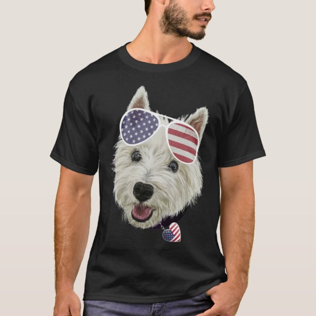 Camiseta Westie Dog Fourth Of July USA Flag Glasses And Hea (Anverso)