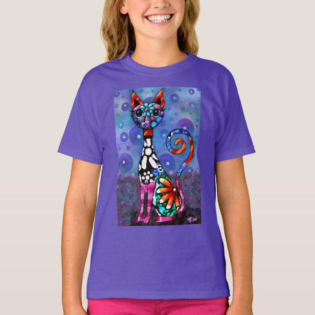 Camiseta Whimsical Big-Eyed Funky Abstract Kitty Cat (Anverso)