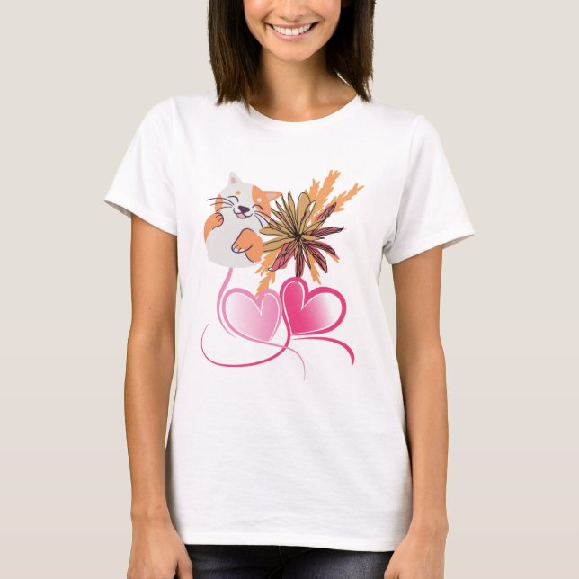 Camiseta Whimsical Cat Mom Pink Hearts & Wildflower Floral  (Anverso)