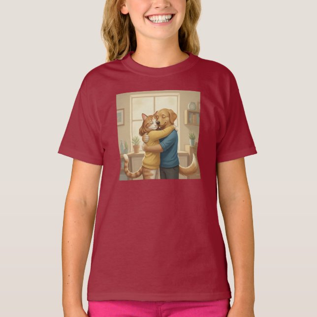 Camiseta Whimsical Dog and Cat Hug Girls' T-Shirt (Anverso)