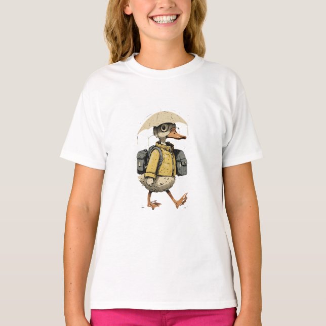 Camiseta Whimsical Duck Walking in Rain Art (Anverso)