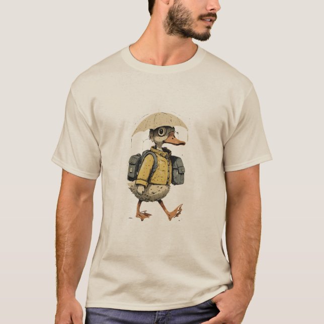 Camiseta Whimsical Duck Walking in Rain Art (Anverso)