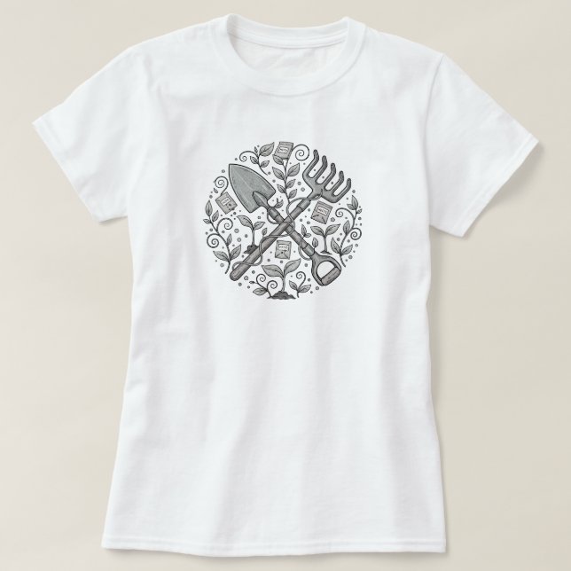Camiseta Whimsical Folk-Art Garden Tool | SÓLO T-Shir BLANC (Diseño del anverso)