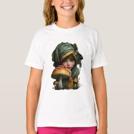 Camiseta Whimsical Forest Girl with Mushroom Fantasy Art
