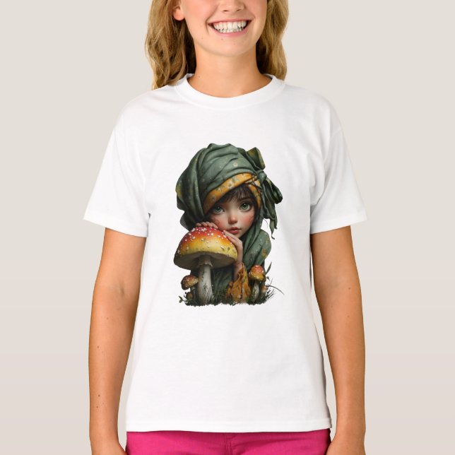Camiseta Whimsical Forest Girl with Mushroom Fantasy Art (Anverso)