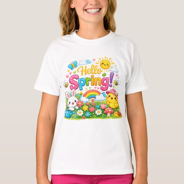 Camiseta Whimsical "Hello Spring" Illustration with Bunny (Anverso)