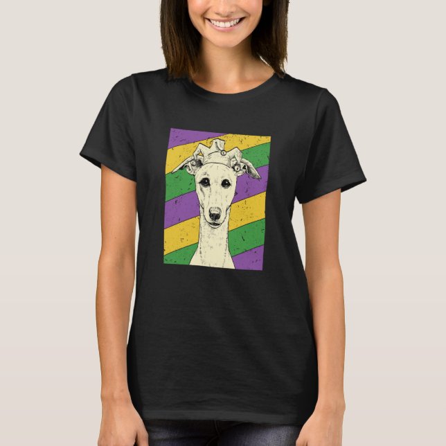 Camiseta Whippet Jester Mardi Gras Dog Mom or Dad (Anverso)