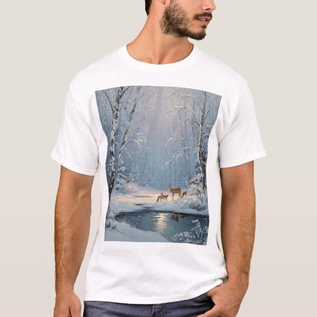 Camiseta Whispers in the Snow – Winter Forest with Deer (Anverso)