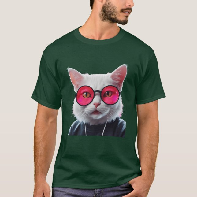 Camiseta White Cat with Pink Glasses Cool (Anverso)