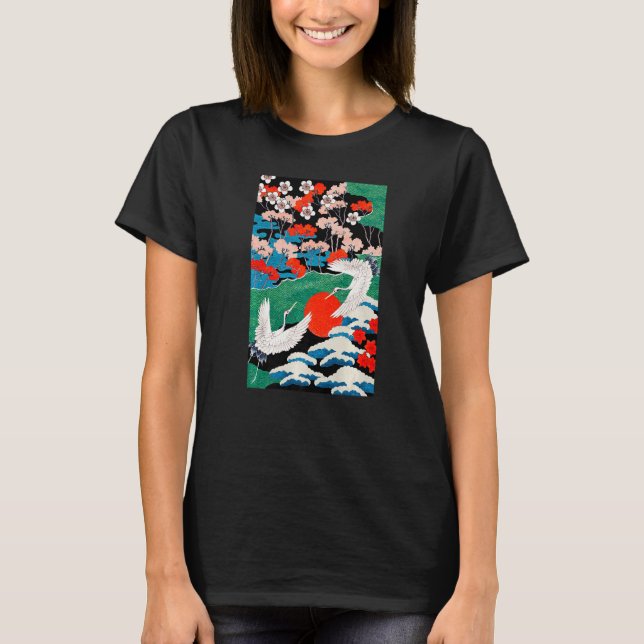 Camiseta White Cranes Birds Japanese Illustration (Anverso)