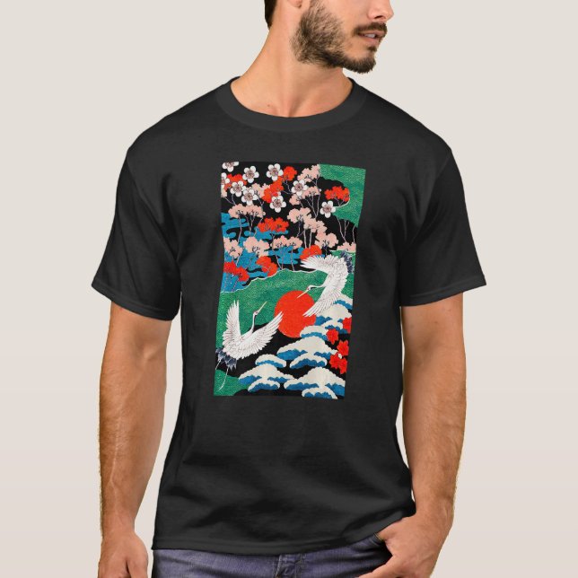 Camiseta White Cranes Birds Japanese Illustration (Anverso)