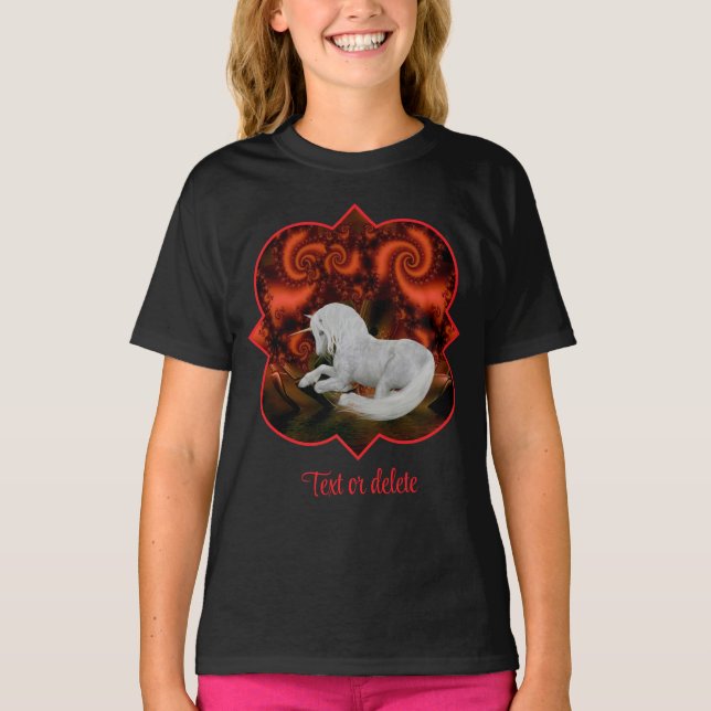 Camiseta White Unicorn Red Fractal Fantasy Horse Art (Anverso)
