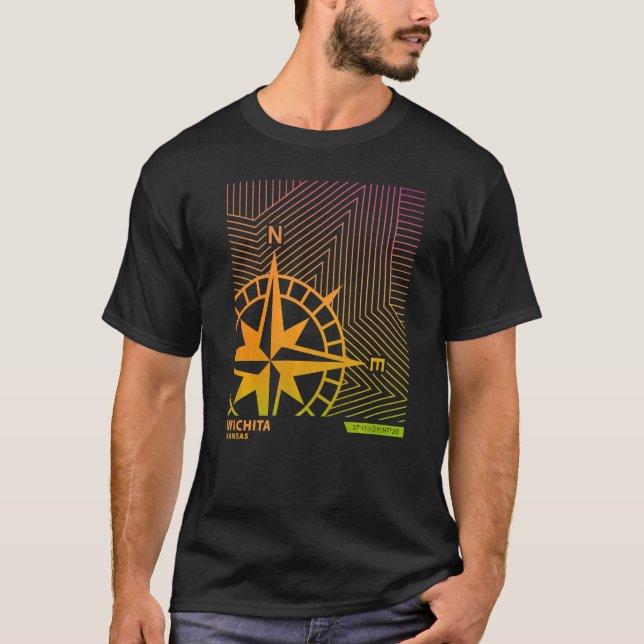 Camiseta Wichita Kansas America Ombre Gradient Compass Line (Anverso)