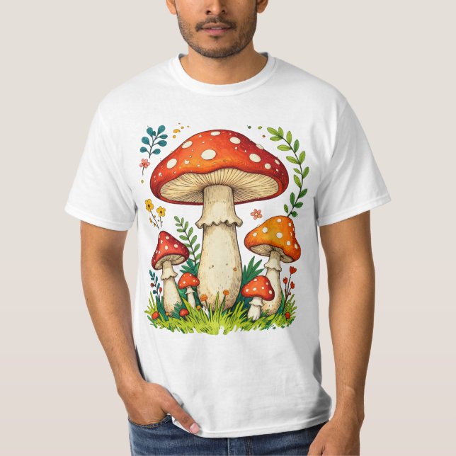 Camiseta Wild mushrooms and flowers in grass forest nature (Anverso)