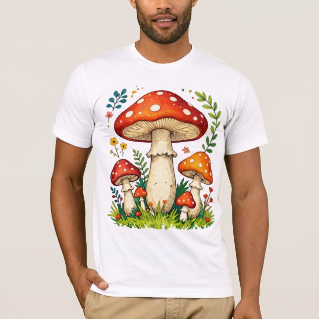 Camiseta Wild mushrooms and flowers in grass forest nature (Anverso)