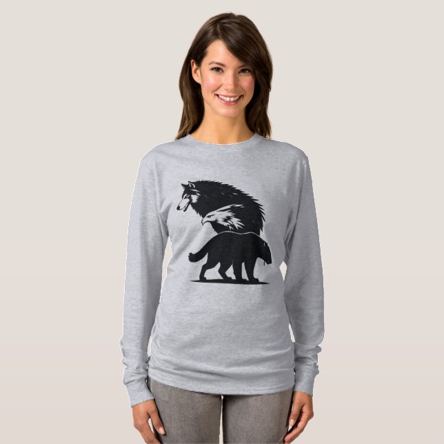 Camiseta Wild Trio: Wolf, Eagle, and Bear Silhouette (Anverso completo)