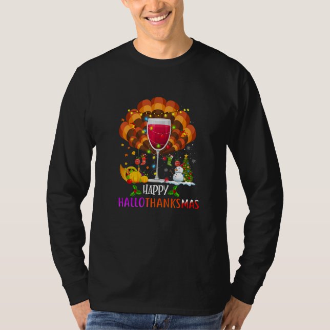Camiseta Wine Glass Thankgiving  Wine Happy Hallothanksmas (Anverso)