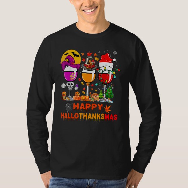 Camiseta Wine Glasses Witch Santa Hat Pumpkin Happy Halloth (Anverso)