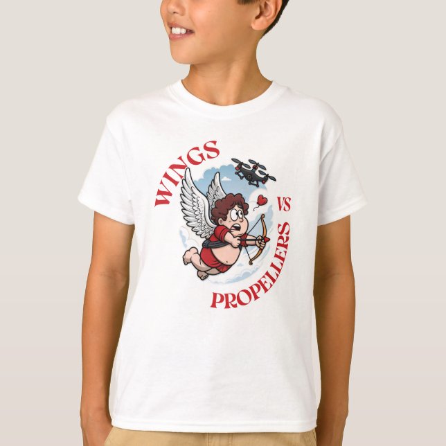 Camiseta Wings vs Propellers, Cupidon vs Drone, Valentine’s (Anverso)