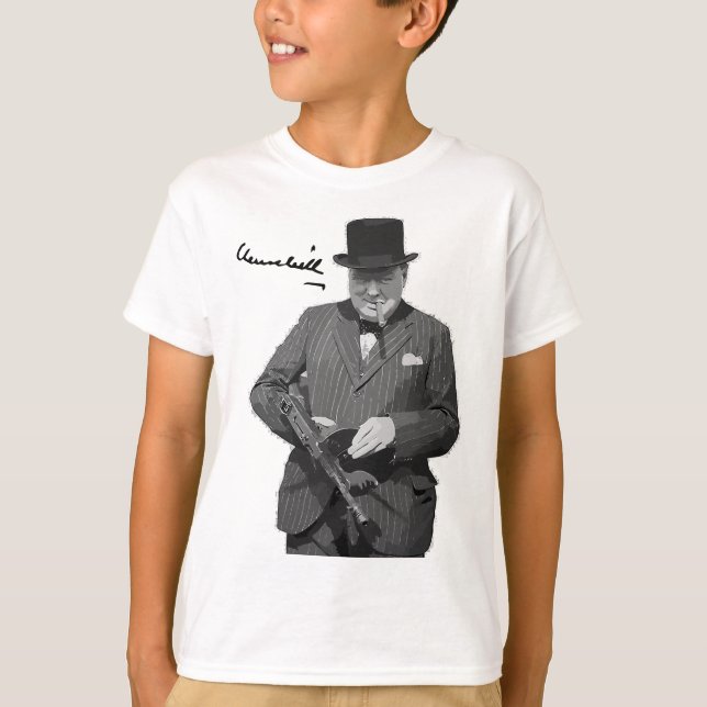 Camiseta Winston Churchill con Tommy Gun héroe europeo (Anverso)
