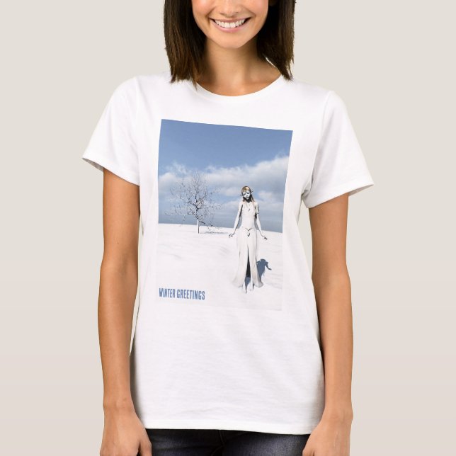 Camiseta Winter Greetings. Female elf walking in the snow (Anverso)