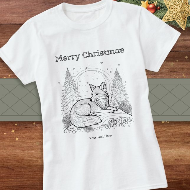 Camiseta Winter Wildlife Fox Line Art Picture Navidades (A festive t-shirt with line art picture of a fox in winter snow and Merry Christmas greeting above)