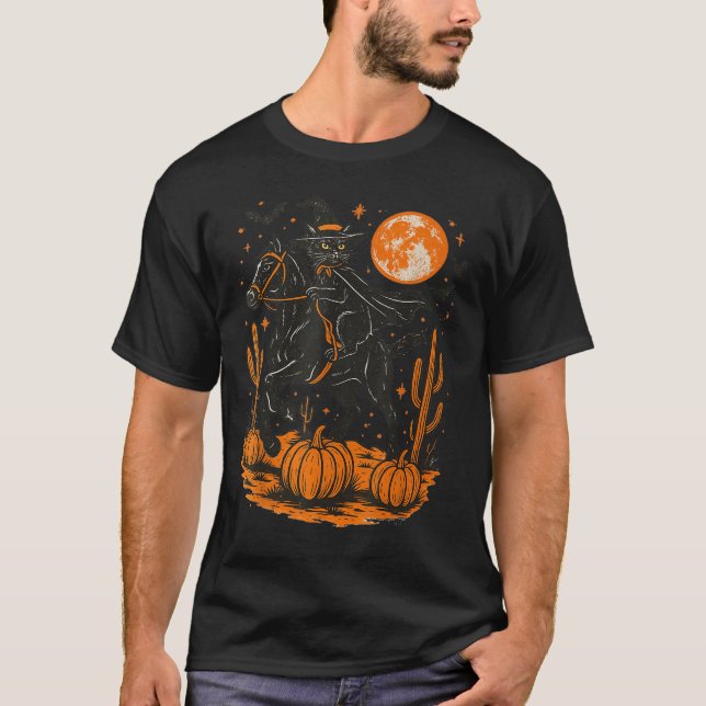 Camiseta Witch Black Cat Riding Horse Halloween Pumpkin Moo (Anverso)
