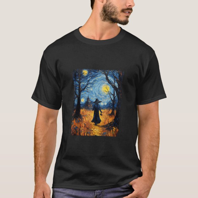 Camiseta Witch Halloween Starry Night Van Gogh Costue Art (Anverso)