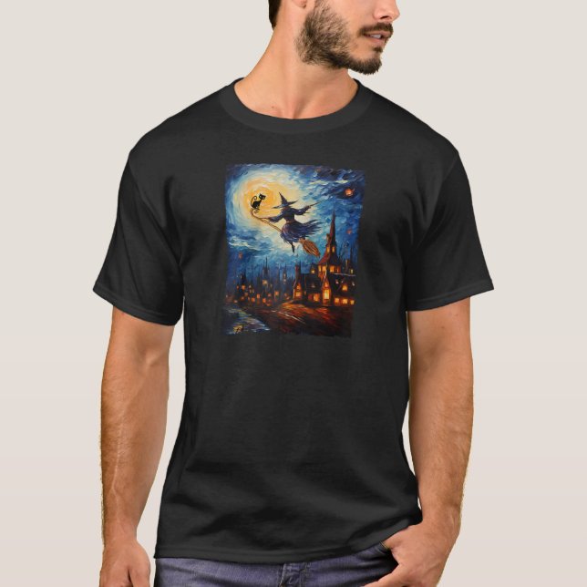 Camiseta Witch Riding Brooms Halloween Starry Night Van Gog (Anverso)