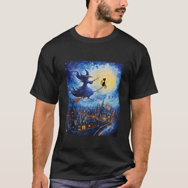 Camiseta Witch Riding Brooms Halloween Starry Night Van Gog (Anverso)