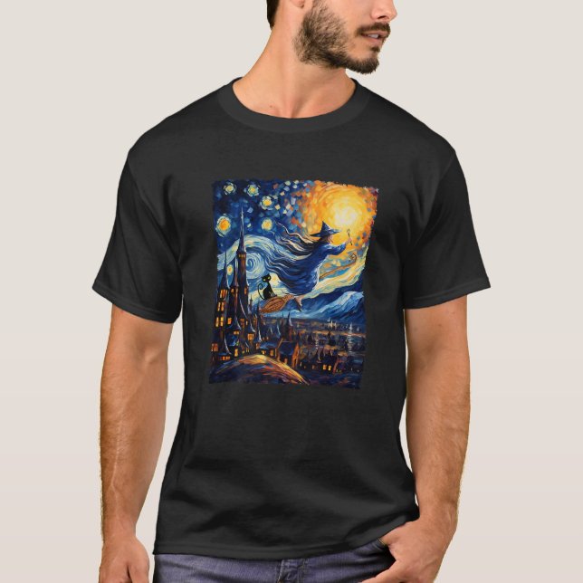 Camiseta Witch Riding Brooms Halloween Starry Night Van Gog (Anverso)