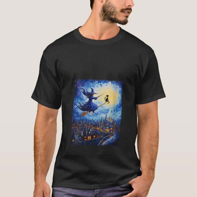 Camiseta Witch Riding Brooms Halloween Starry Night Van Gog (Anverso)