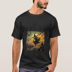 Camiseta Witch Riding Brooms Halloween Witch Fly Over Tower