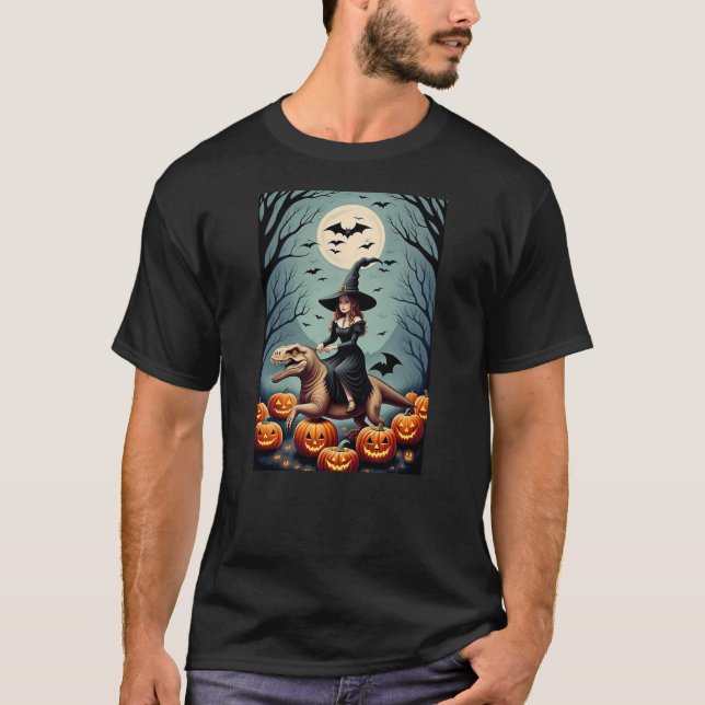 Camiseta Witch Riding Tyrannosaurus Rex dinosaur in a Pumpk (Anverso)