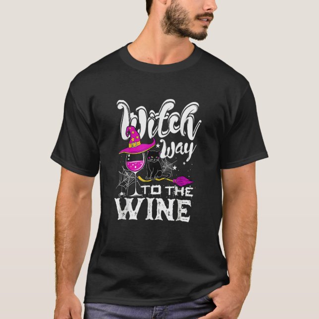 Camiseta Witch Way O He Wine Halloween Drinking  Black Cat (Anverso)