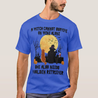 Camiseta Witch Wine And Golden Retriever Dog Funny Hallowee