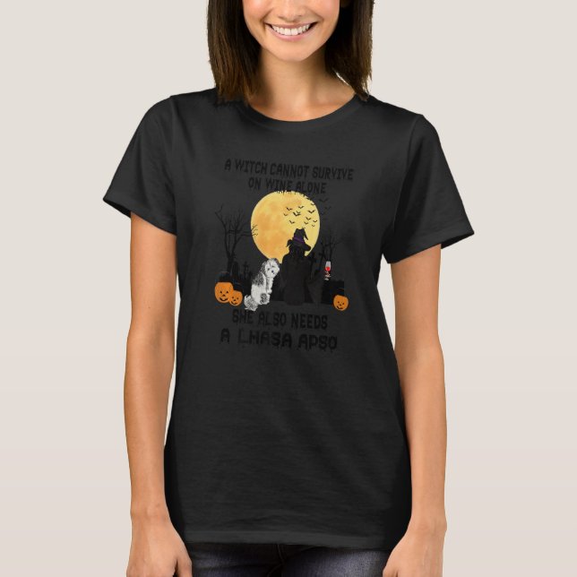 Camiseta Witch Wine And Lhasa Apso Dog Mom Halloween Costu (Anverso)