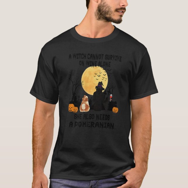 Camiseta Witch Wine And Pomeranian Dog Mom Halloween Costu (Anverso)