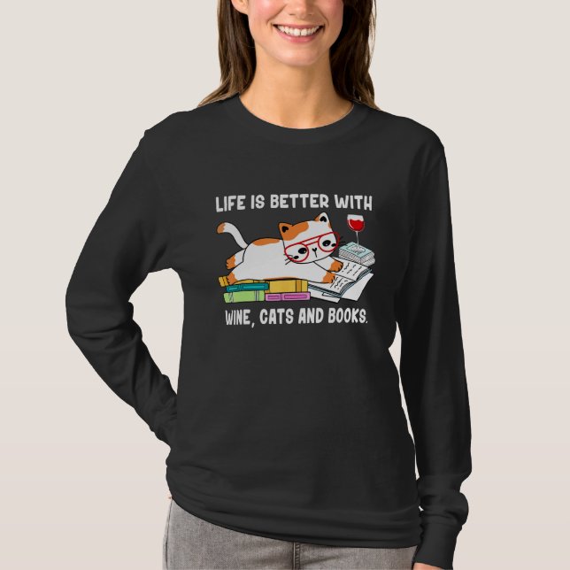 Camiseta With Books Cats And Wine Drinking Dad Mom (Anverso)